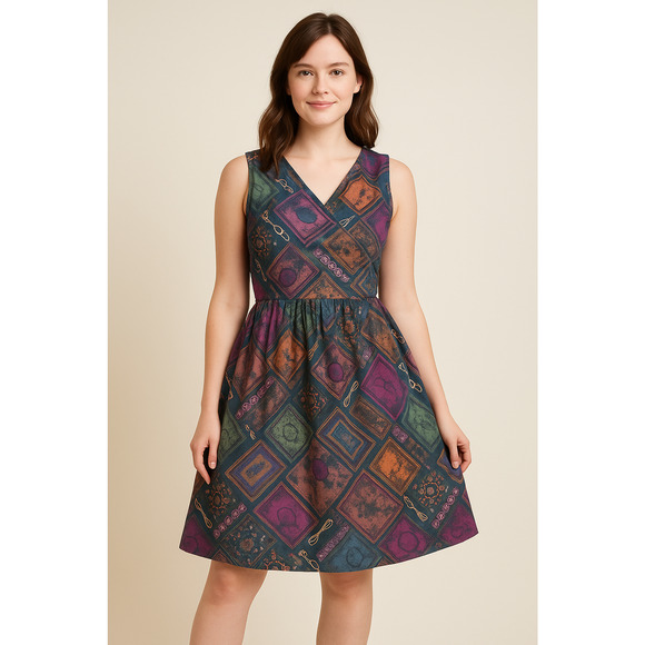 ModCloth Dress Womens L Geometric Cotton Back Zip Fit n Flare Lined - Picture 1 of 12